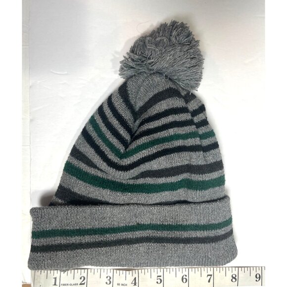 Gray Striped Knit Pom-Pom Beanie Hat 18p - Picture 6 of 7